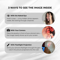 Thumbnail for 3 ways to see the image inside the Sunflower Photo Necklace: naked eye, camera, and flashlight projection.