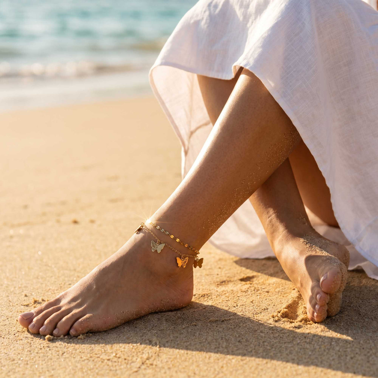 Fußkettchen Gold Schmetterling Zweilagig