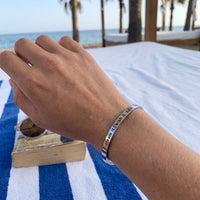 Thumbnail for Silver engraved cuff bracelet worn, showing its real size | SKU: 4214557-silver-plated