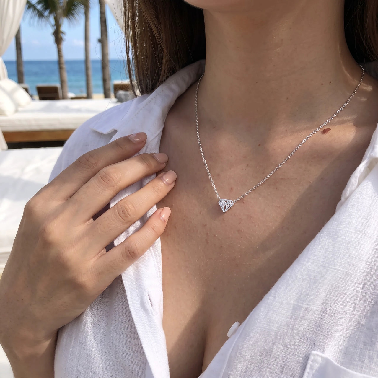 Geometrische kette — getragen, echte Größe, Silber | SKU: 12791388-white-gold