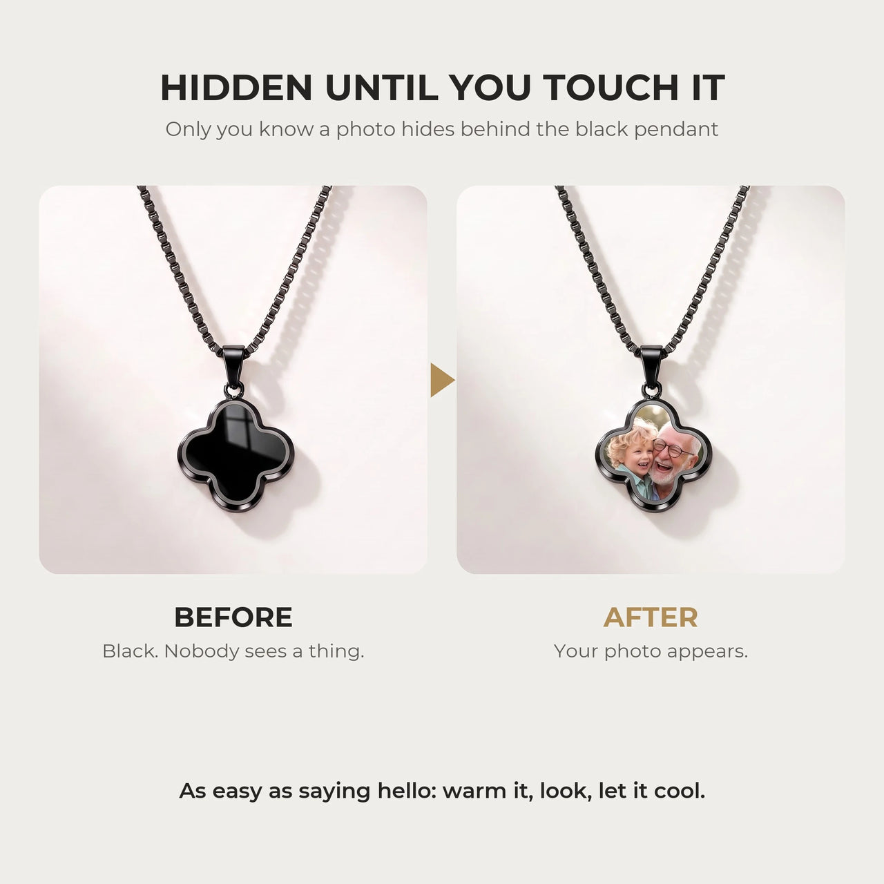 Before and after: the clover pendant of the black necklace turns from black to the hidden photo with the warmth of a touch | SKU: TPH-CLVN-BLACK