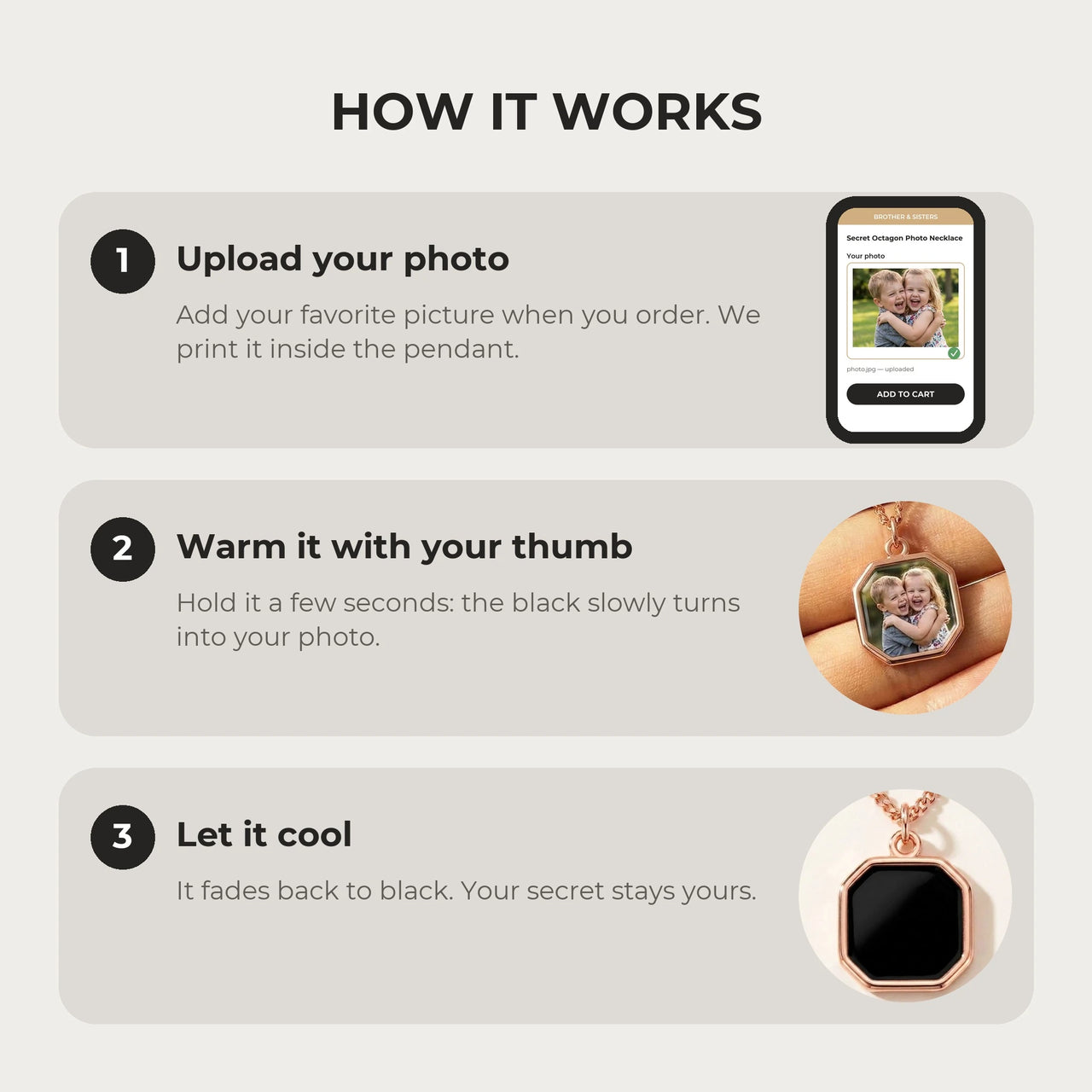 How it works: upload your photo, warm the pendant with your thumb, let it cool back to black | SKU: TPH-OCTN-ROSEGOLD