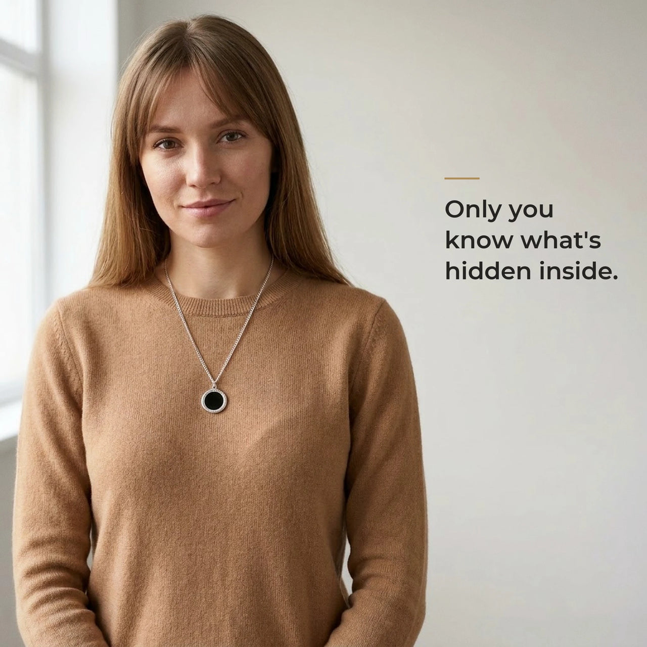 Woman wearing the black silver round pendant, only she knows the photo inside | SKU: TPH-RNDN-SILVER