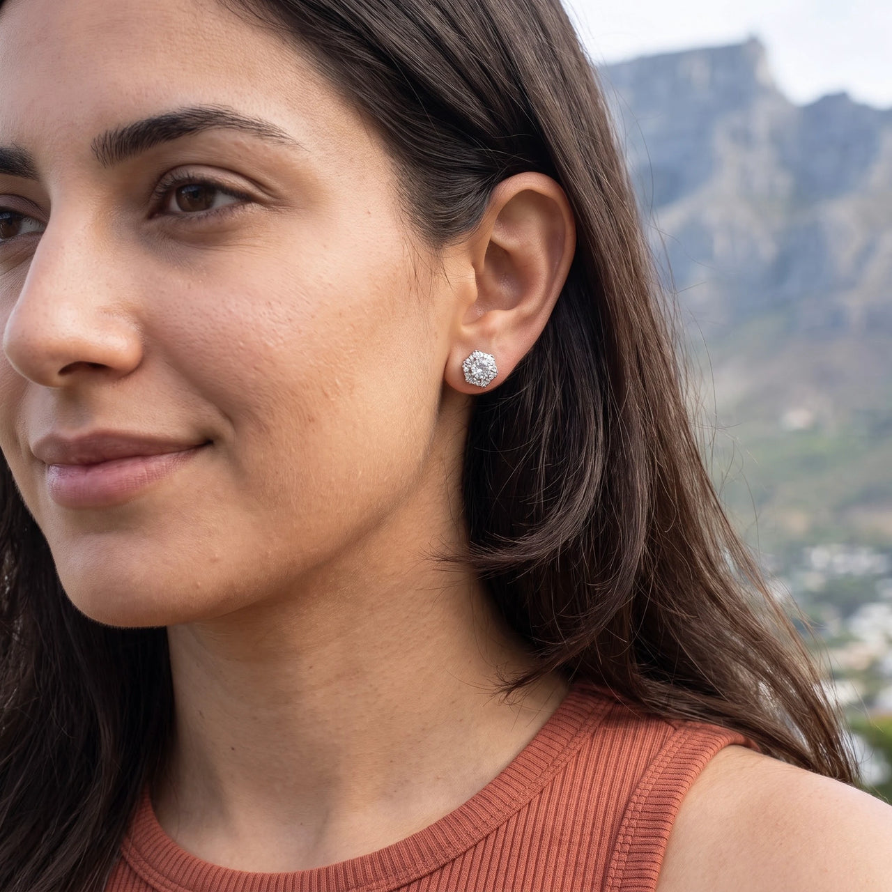 Silver stud earrings worn on a summer trip | SKU: 30876249
