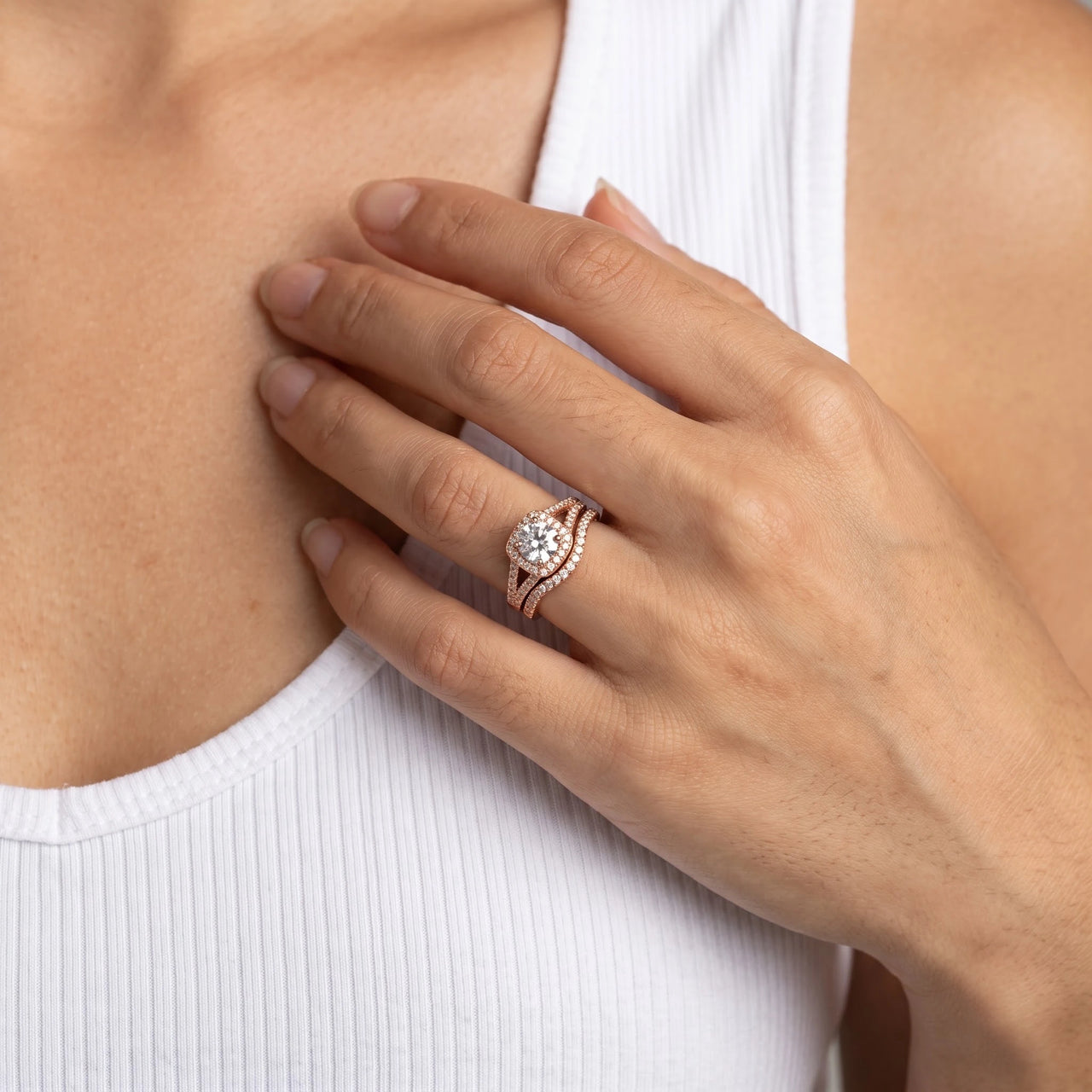 Verlobungsring und ehering set — Nahaufnahme der Details, Roségold | SKU: 497080-4.5-rose-gold