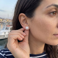 Thumbnail for Woman gently touching her silver stud earrings | SKU: 505263
